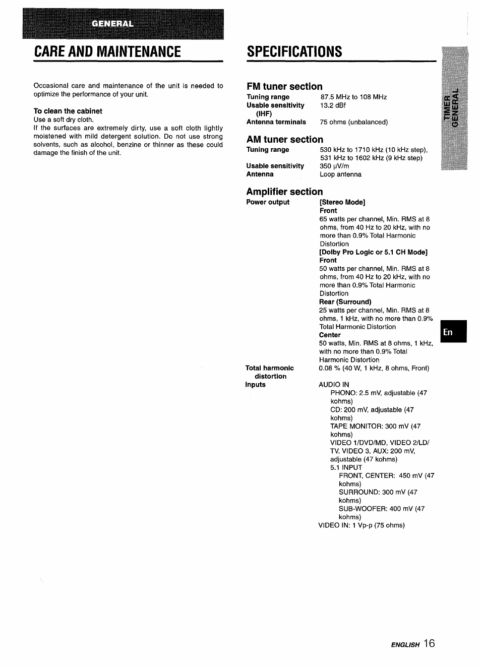 Care and maintenance, To clean the cabinet, Fm tuner section | Ihf), Am tuner section, Ampiifier section, Front, Specifications, Kv a | Aiwa AV-D25 User Manual | Page 17 / 56