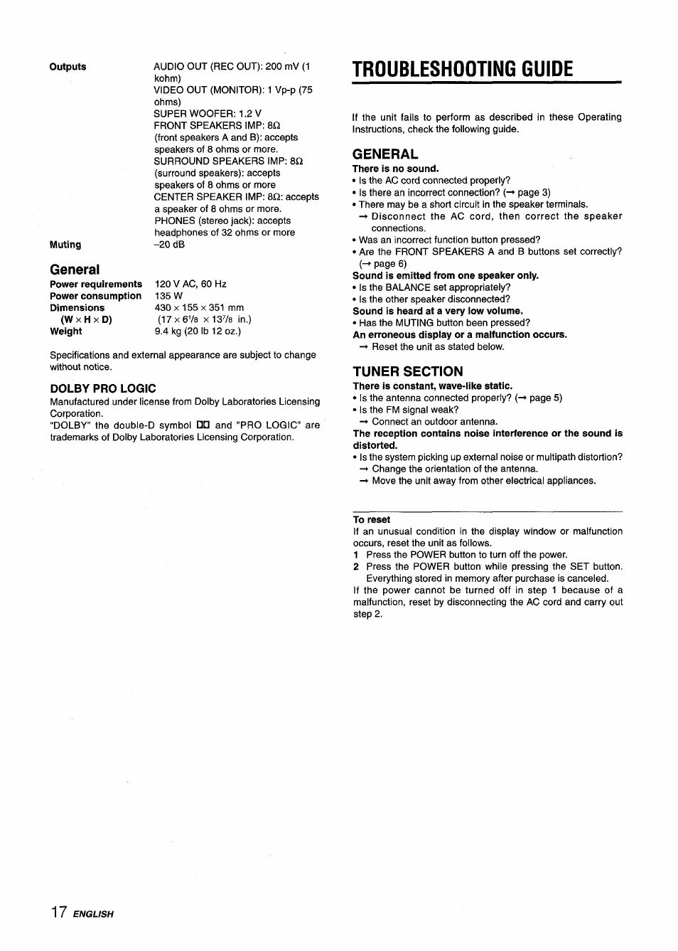 Dolby pro logic, Troubleshooting guide, General | Tuner section, To reset | Aiwa AV-D25 User Manual | Page 18 / 56