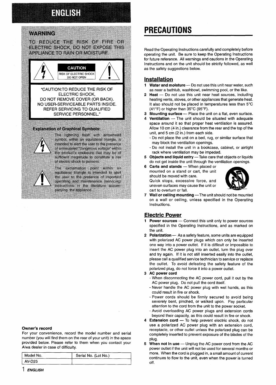 Warning, Precautions, Caution | Explanation of graphical symbols, Installation, Owner’s record, Electric power, 3 ac power cord | Aiwa AV-D25 User Manual | Page 2 / 56