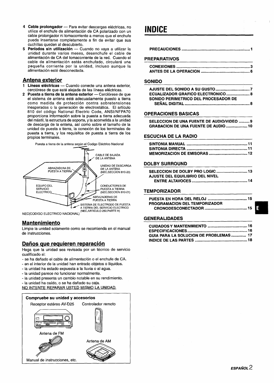 Antena exterior, Indice, Mantenimiento | Daños que requieren reparación, Compruebe su unidad y accesorios | Aiwa AV-D25 User Manual | Page 21 / 56