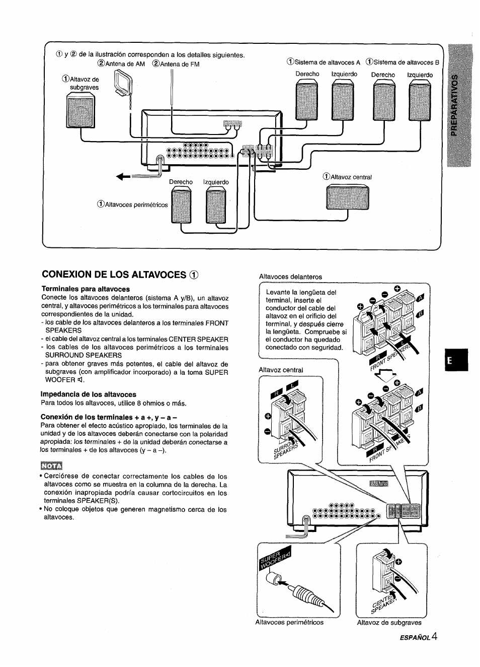 Conexion de los altavoces, Terminales para altavoces, Impedancia de los altavoces | Conexión de los terminales + a +, y - a | Aiwa AV-D25 User Manual | Page 23 / 56