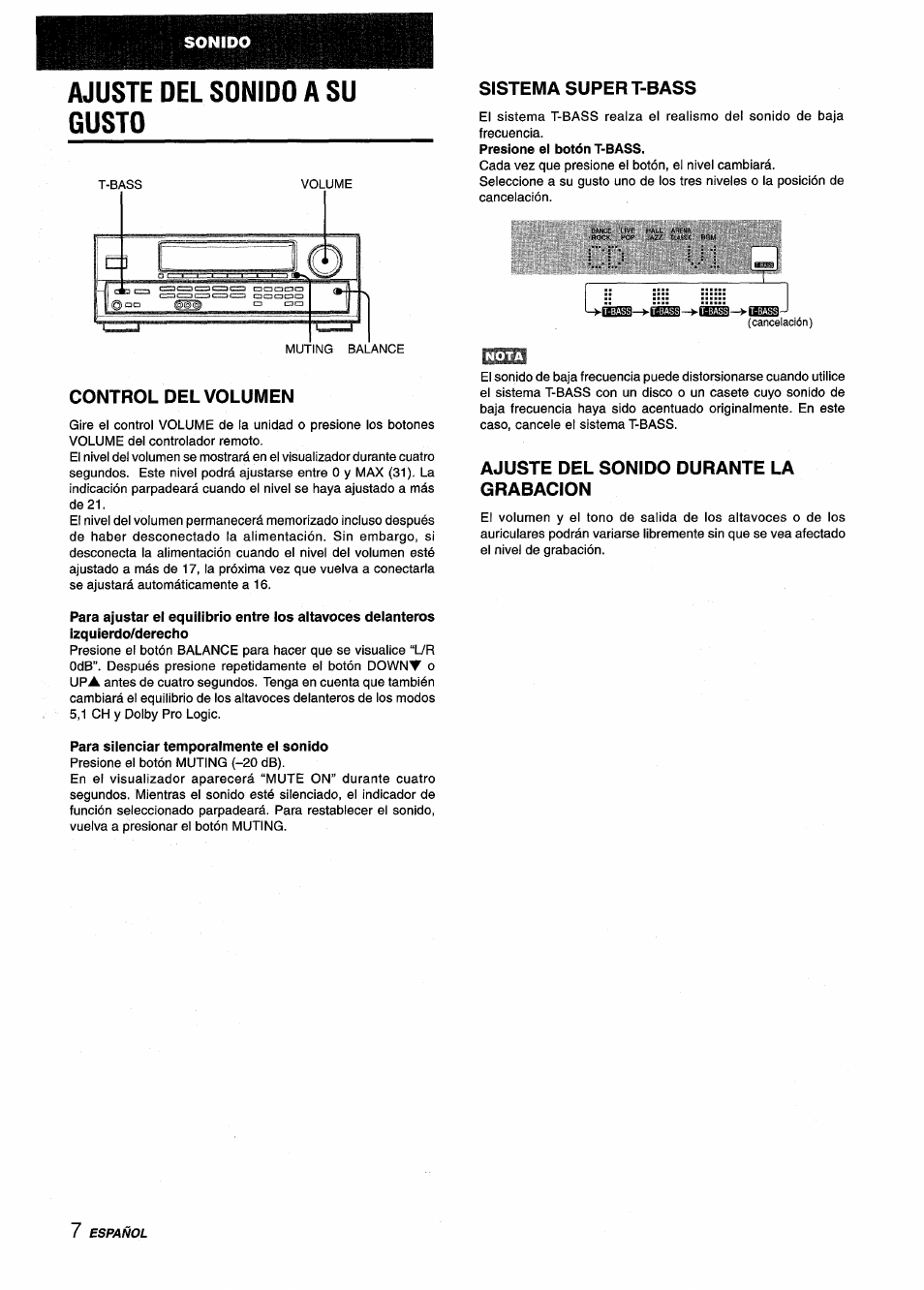 Ajuste del sonido a su gusto, Control del volumen, Para silenciar temporalmente el sonido | Sistema super t-bass, Ajuste del sonido durante la grabacion | Aiwa AV-D25 User Manual | Page 26 / 56