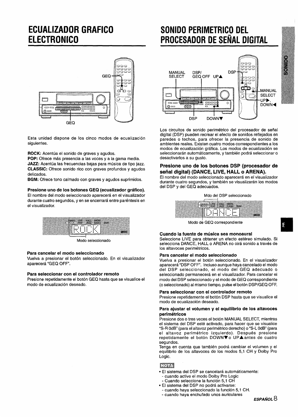 Sonido perimetrico del procesador de señal digital, Cuando la fuente de música sea monoaural, Para cancelar el modo seleccionado | Para seleccionar con el controlador remoto | Aiwa AV-D25 User Manual | Page 27 / 56