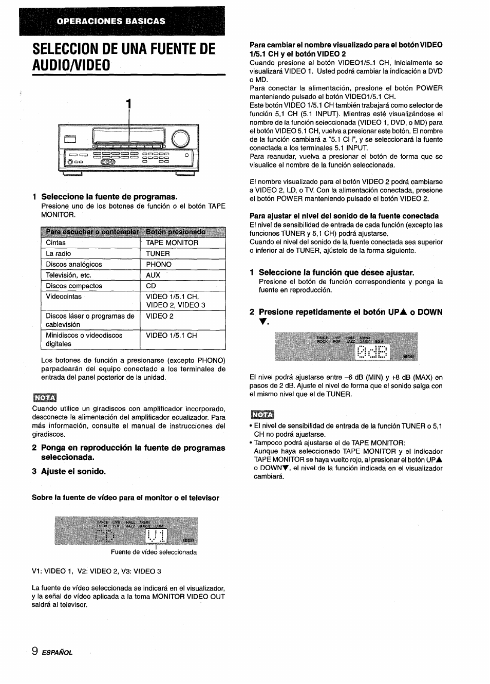 Seleccion de una fuente de audio/video, 1 seleccione la fuente de programas, 1 seleccione la función que desee ajustar | 2 presione repetidamente el botón upa o down, 3 ajuste ei sonido, Seleccion de una fuente de audioaíldeo | Aiwa AV-D25 User Manual | Page 28 / 56