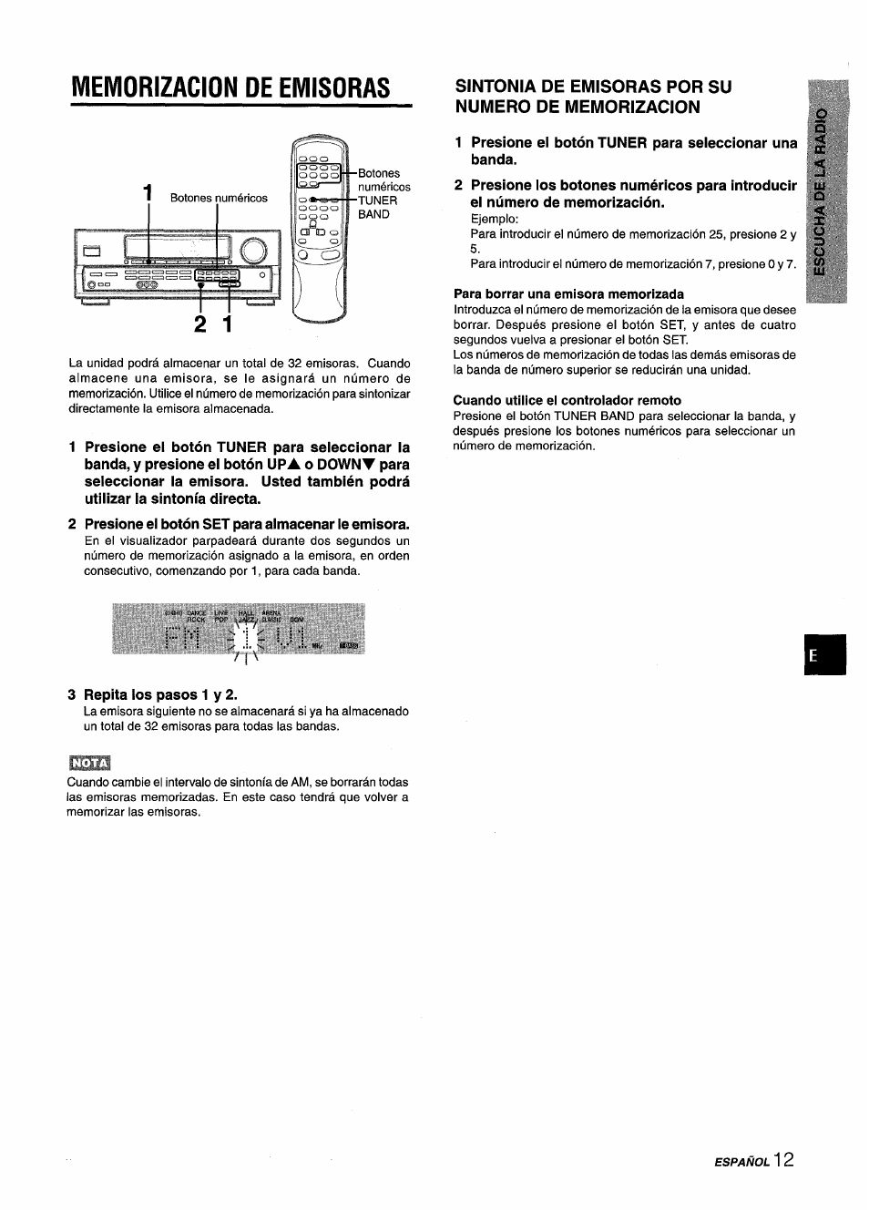 Memorizacion de emisoras, Sintonia de emisoras por su numero de memorizacion, Para borrar una emisora memorizada | Cuando utiiice el controlador remoto | Aiwa AV-D25 User Manual | Page 31 / 56