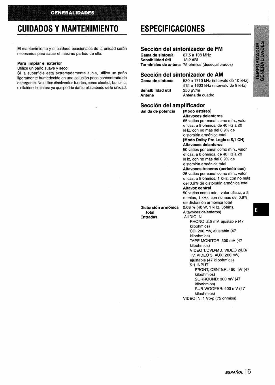 Cuidados y mantenimiento, Especificaciones, Sección del sintonizador de fm | Sección del sintonizador de am, Sección del amplificador, Specifications, Cuidados y mantenimiento especificaciones | Aiwa AV-D25 User Manual | Page 35 / 56