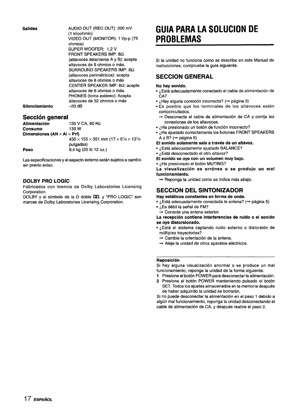 Sección general, Dolby pro logic, Guía para la solucion de problemas | Seccion general, No hay sonido, Seccion del sintonizador, Reposición, Guia para la solucion de problemas, Solucion de problemas, Guía | Aiwa AV-D25 User Manual | Page 36 / 56