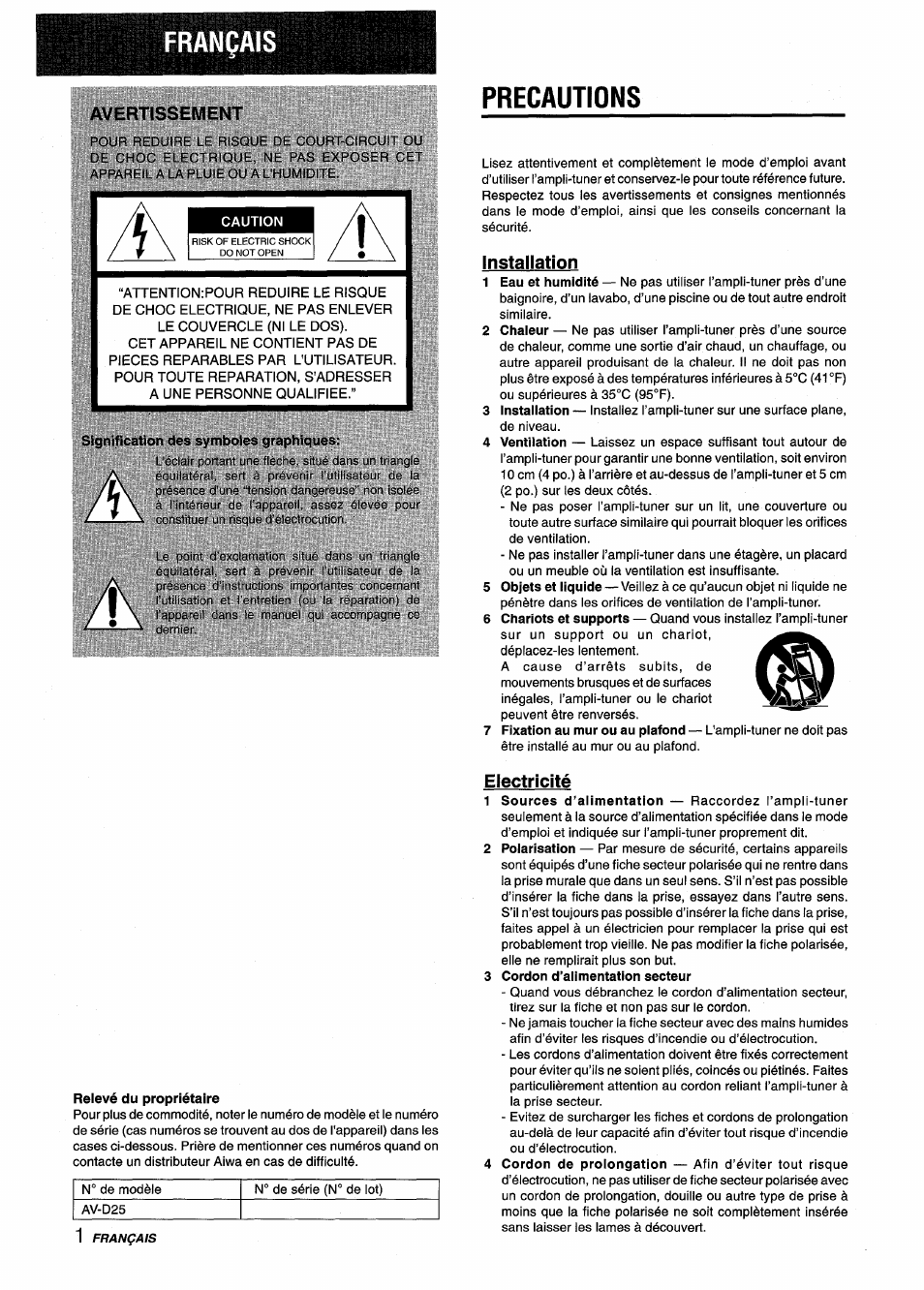 Français, Avertissement, Precautions | Caution, Signification des symboies graphiques, Installation, Relevé du propriétaire, Electricité, 3 cordon d’alimentation secteur | Aiwa AV-D25 User Manual | Page 38 / 56