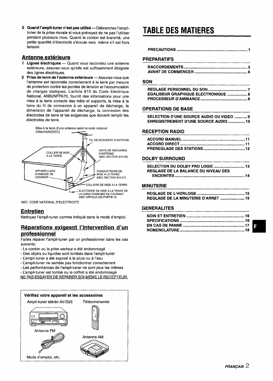 Antenne extérieure, Entretien, Table des matieres | Aiwa AV-D25 User Manual | Page 39 / 56