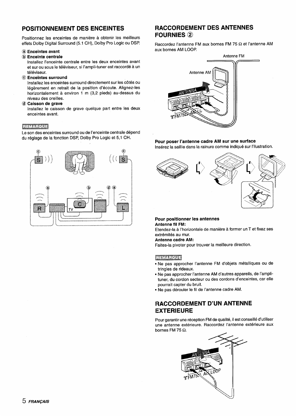 Positionnement des enceintes, Enceintes avant (g) enceinte centraie, Raccordement des antennes fournies d) | Pour poser l’antenne cadre am sur une surface, Pour positionner les antennes antenne fil fm, Raccordement d’un antenne exterieure | Aiwa AV-D25 User Manual | Page 42 / 56