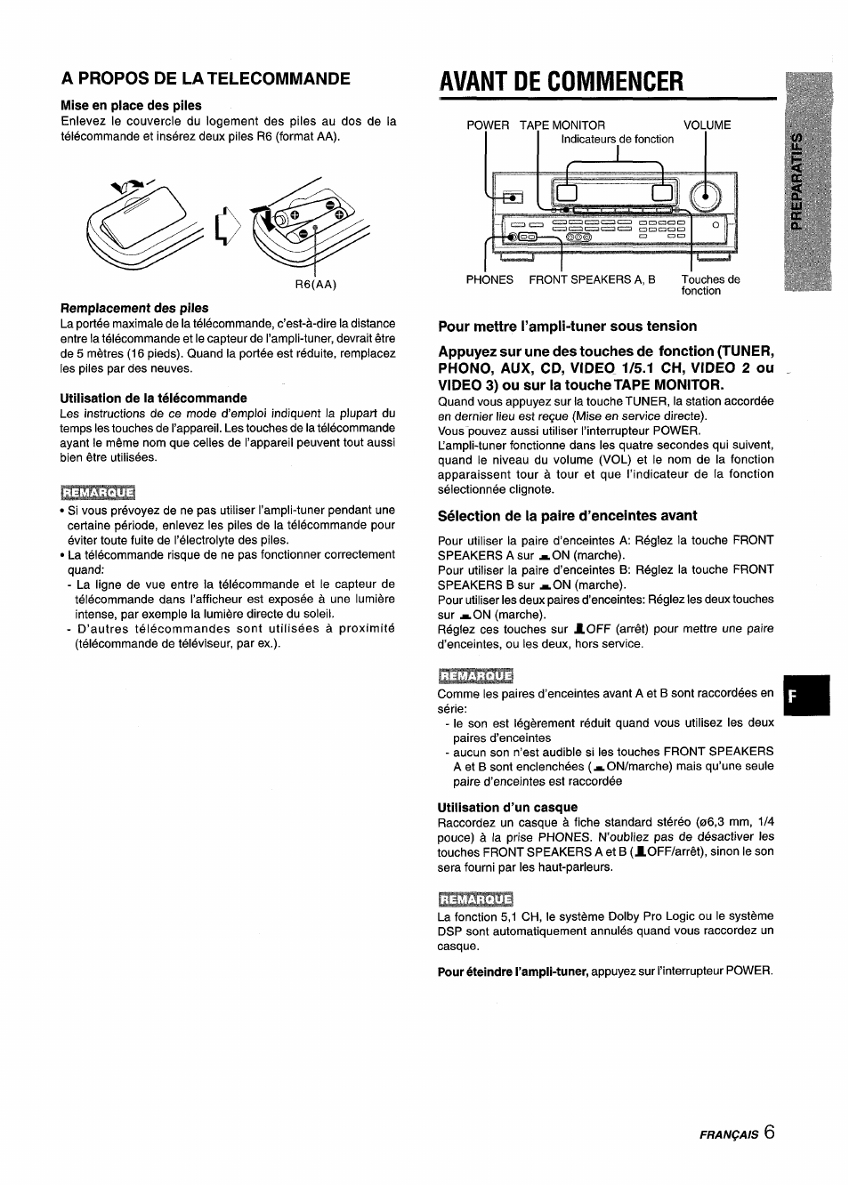 A propos de la telecommande, Mise en place des piles, Avant de commencer | Utilisation de la télécommande, Pour mettre l’ampli-tuner sous tension, Sélection de la paire d’enceintes avant, Utilisation d’un casque | Aiwa AV-D25 User Manual | Page 43 / 56