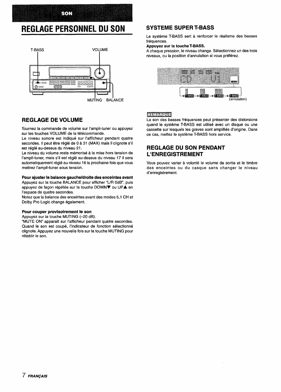 Reglage personnel du son, Systeme super t-bass, Reglage de volume | Pour couper provisoirement le son, Reglage du son pendant l'enregistrement | Aiwa AV-D25 User Manual | Page 44 / 56