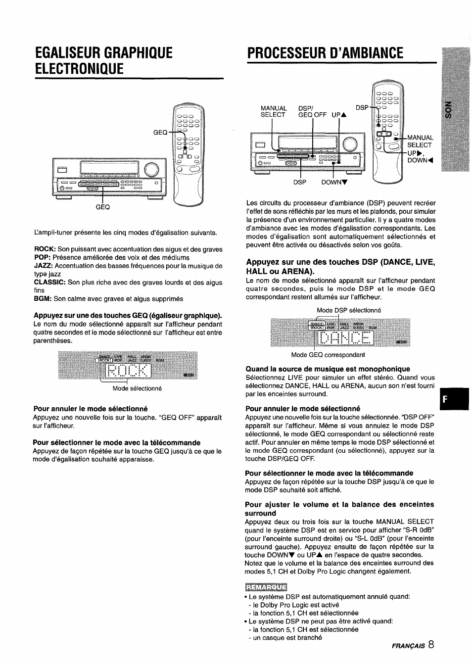 Egaliseur graphique electronique, Processeur d’ambiance, Pour annuler le mode sélectionné | Pour sélectionner le mode avec la télécommande, Quand la source de musique est monophonique | Aiwa AV-D25 User Manual | Page 45 / 56