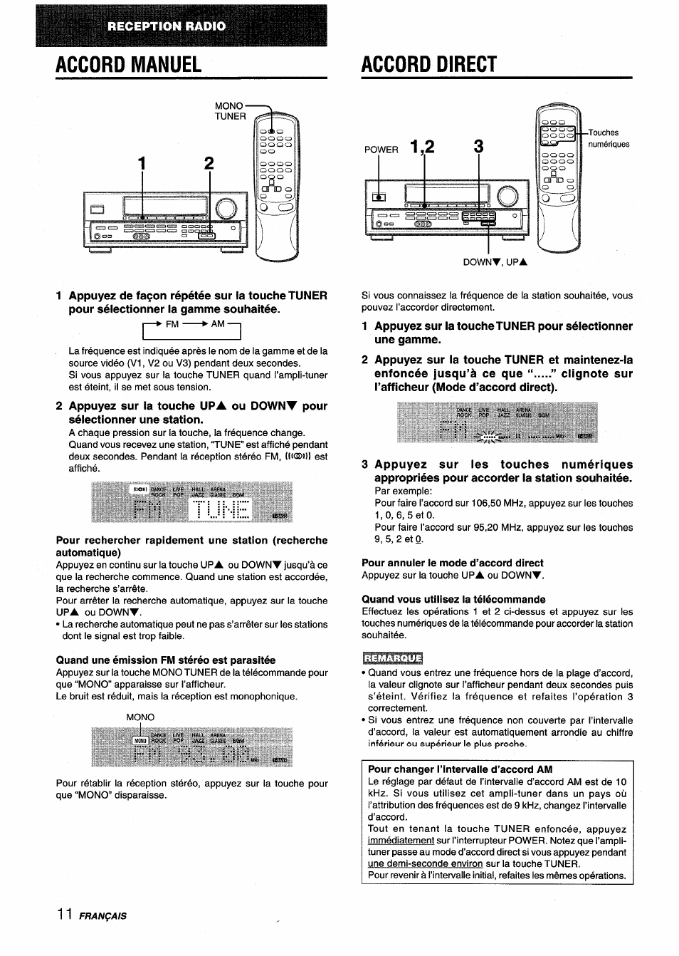 Accord manuel, Accord direct, 2 appuyez sur la touche tuner et maintenez-la | Enfoncée jusqu’à ce que “ ” clignote sur, L’afficheur (mode d’accord direct), Pour annuler le mode d’accord direct, Quand vous utilisez ia téiécommande, Quand une émission fm stéréo est parasitée, Pour changer l’intervalle d’accord am, Accord manuel accord direct | Aiwa AV-D25 User Manual | Page 48 / 56