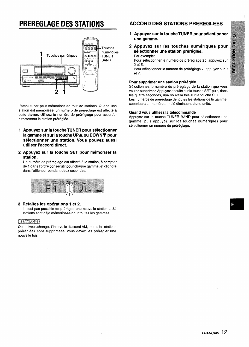 Prereglage des stations, Accord des stations prereglees, Pour supprimer une station préréglée | Quand vous utilisez la télécommande | Aiwa AV-D25 User Manual | Page 49 / 56