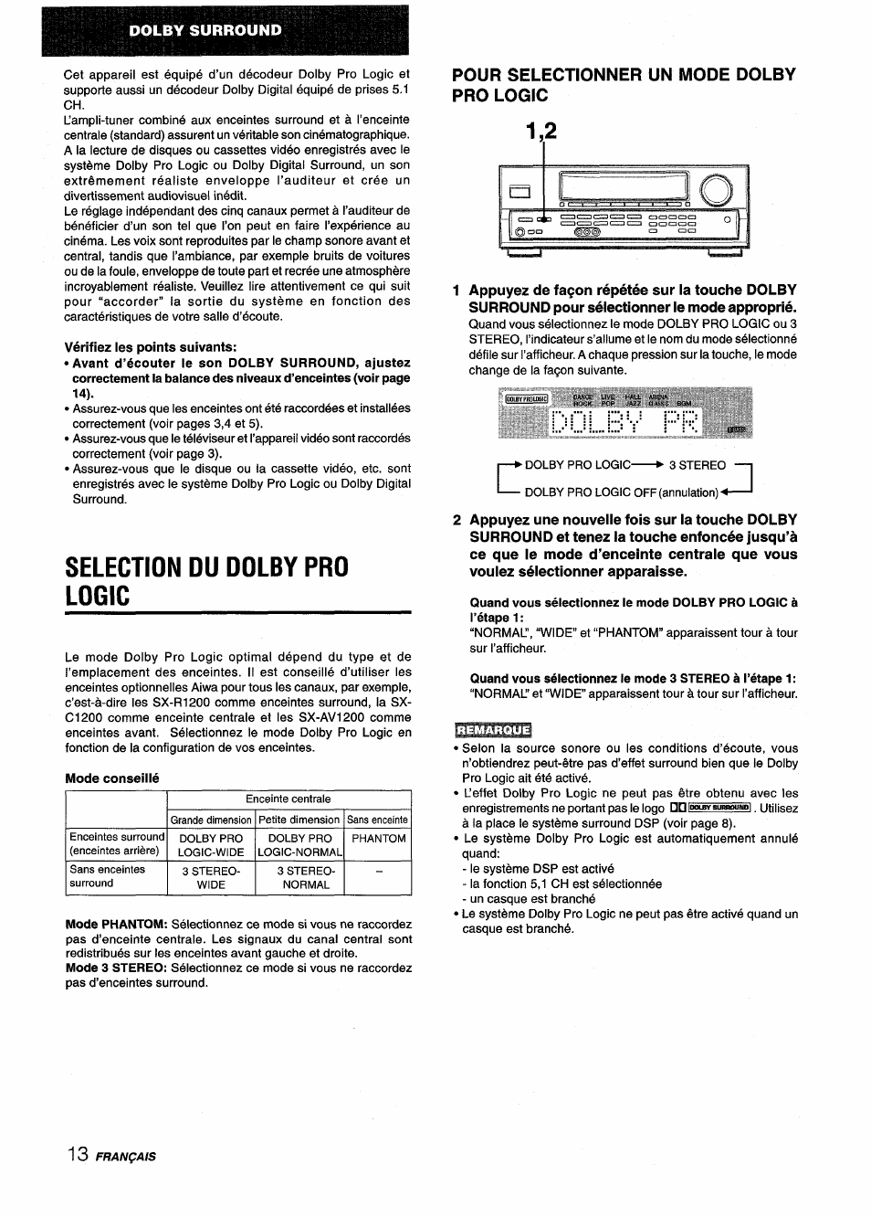 Vérifiez ies points suivants, Selection du dolby pro logic, Pour selectionner un mode dolby pro logic | Aiwa AV-D25 User Manual | Page 50 / 56