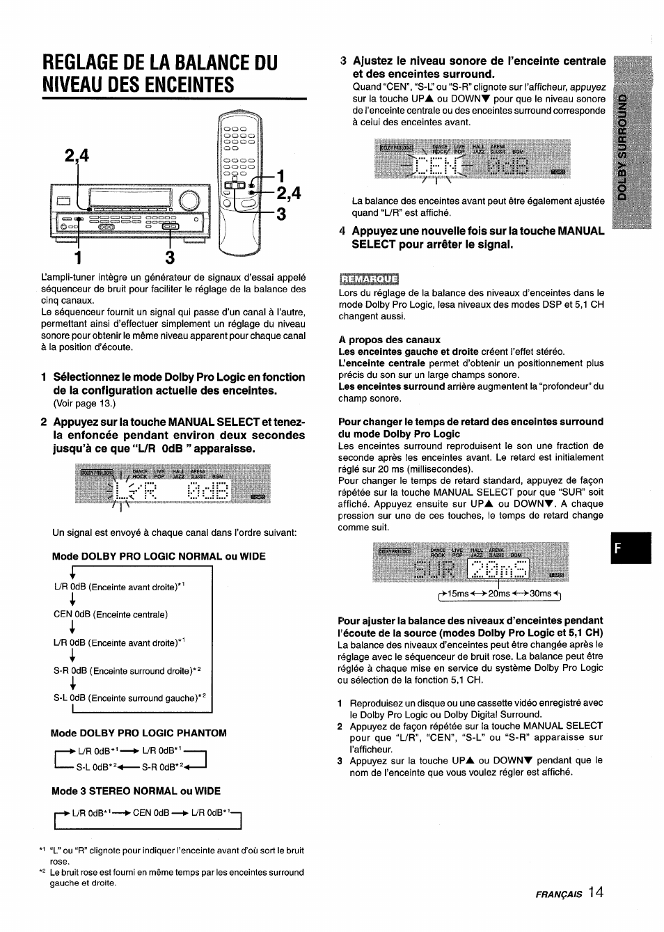 Reglage de la balance du niveau des enceintes, Mode dolby pro logic phantom, Mode 3 stereo normal ou wide | A propos des canaux | Aiwa AV-D25 User Manual | Page 51 / 56