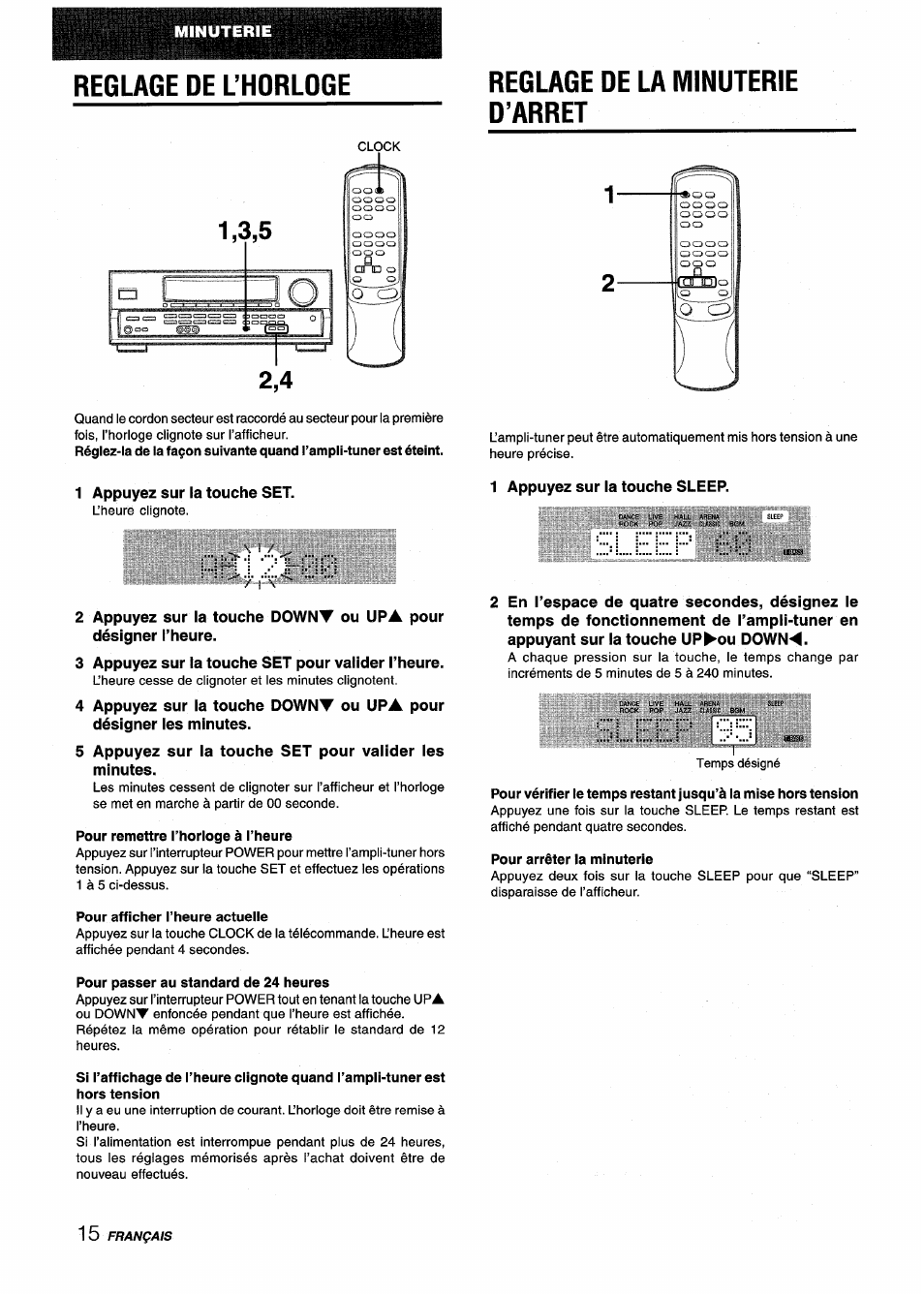 Reglage de l’horloge, Pour remettre l’horloge à l’heure, Pour afficher l’heure actuelle | Pour passer au standard de 24 heures, Reglage de la minuterie d’arret, Pour arrêter la minuterie, Reglage de l'horloge, Reglage de la minuterie d'arret | Aiwa AV-D25 User Manual | Page 52 / 56