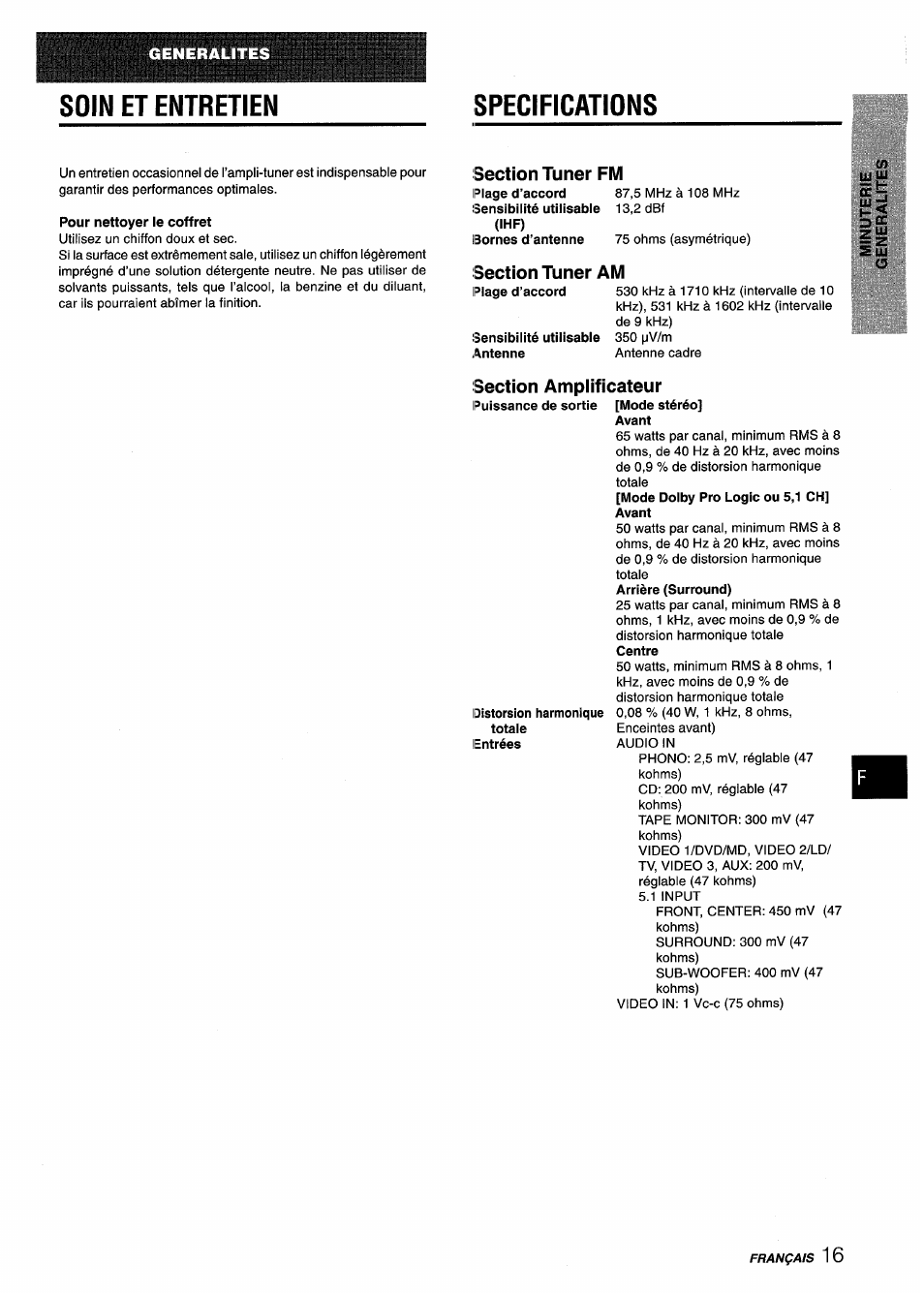 Soin et entretien, Section tuner fm, Isection tuner am | Section amplificateur, Soin et entretien specifications | Aiwa AV-D25 User Manual | Page 53 / 56