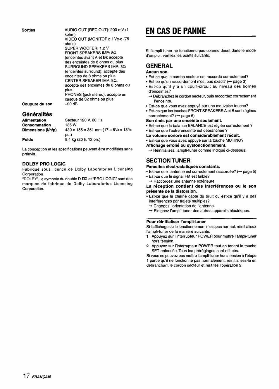 En cas de panne, Dolby pro logic, General | Section tuner, Pour réinitialiser l’ampli-tuner, En cas depanne, Généralités | Aiwa AV-D25 User Manual | Page 54 / 56