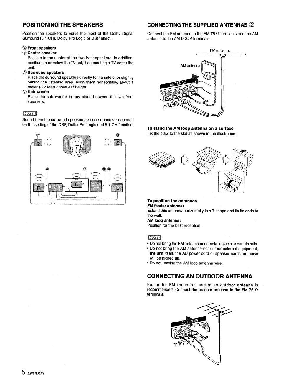 Connecting the supplied antennas (d, Connecting an outdoor antenna | Aiwa AV-D25 User Manual | Page 6 / 56