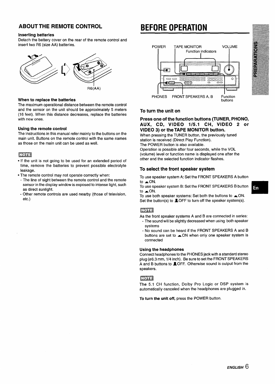 About the remote control, Before operation, When to replace the batteries | Using the remote controi, To turn the unit on, To select the front speaker system, Using the headphones | Aiwa AV-D25 User Manual | Page 7 / 56