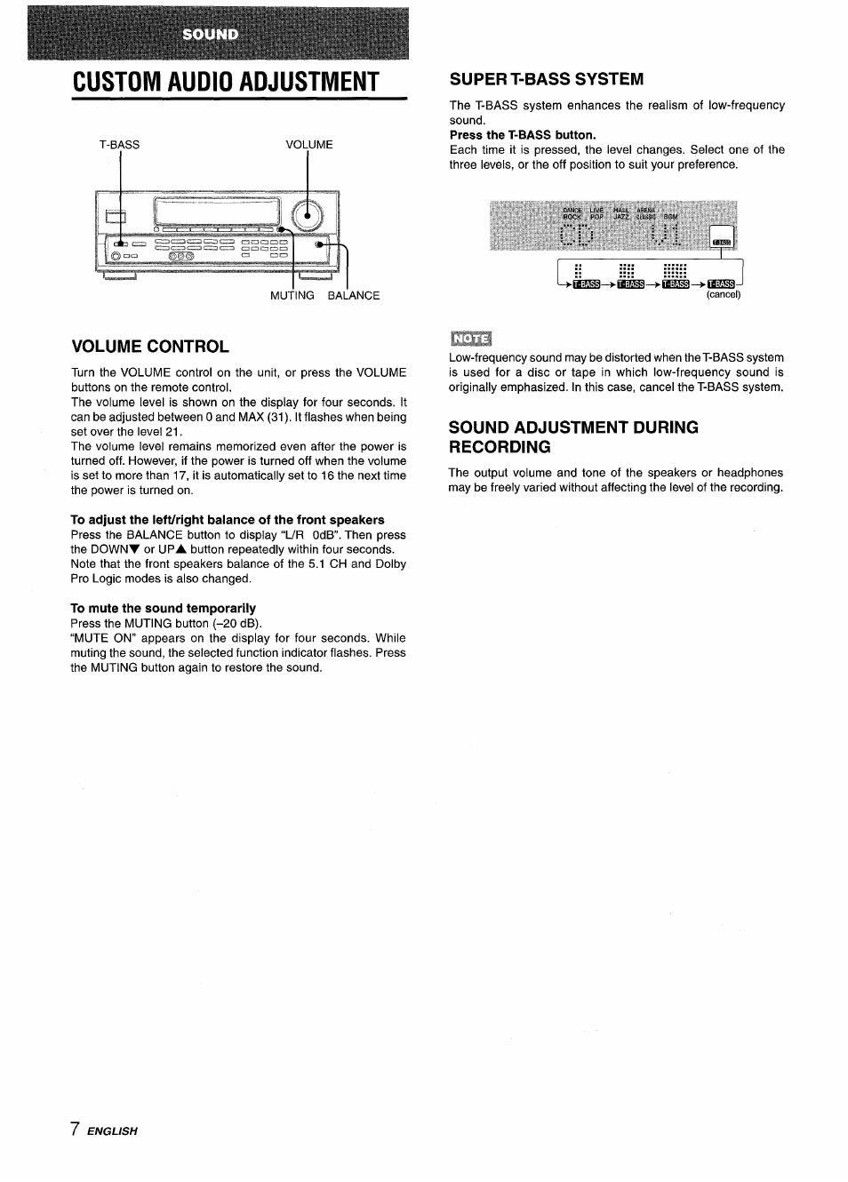 Custom audio adjustment, Super t-bass system, Volume control | To mute the sound temporarily, Sound adjustment during recording | Aiwa AV-D25 User Manual | Page 8 / 56