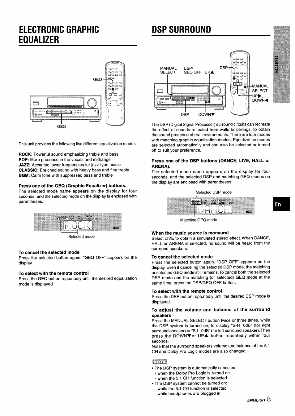 Electronic graphic equalizer, Press one of the geq (graphic equalizer) buttons, To cancel the selected mode | To select with the remote control, When the music source is monaural, Electronic graphic equalizer dsp surround | Aiwa AV-D25 User Manual | Page 9 / 56