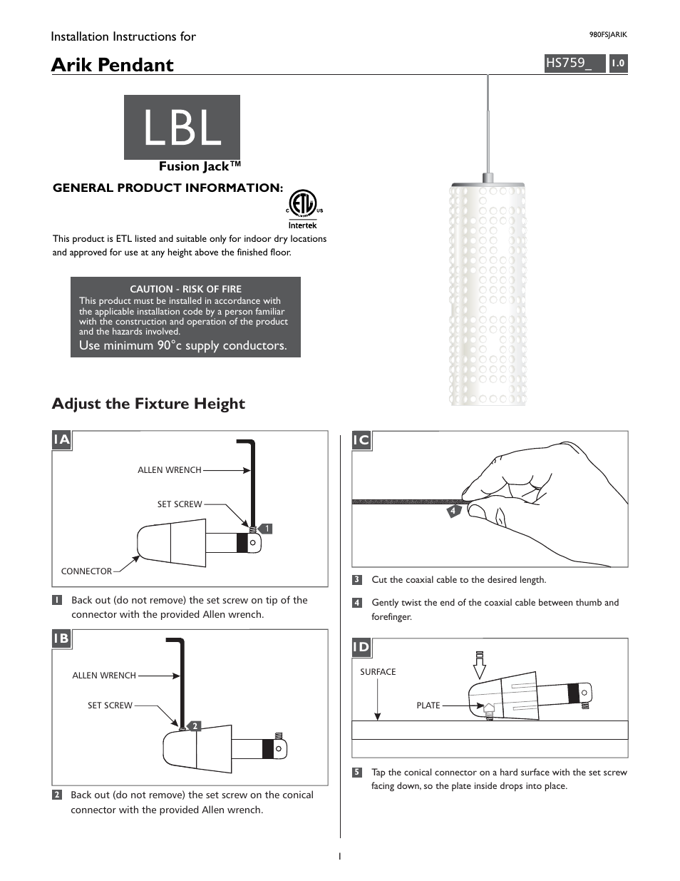 LBL Lighting Arik User Manual | 4 pages