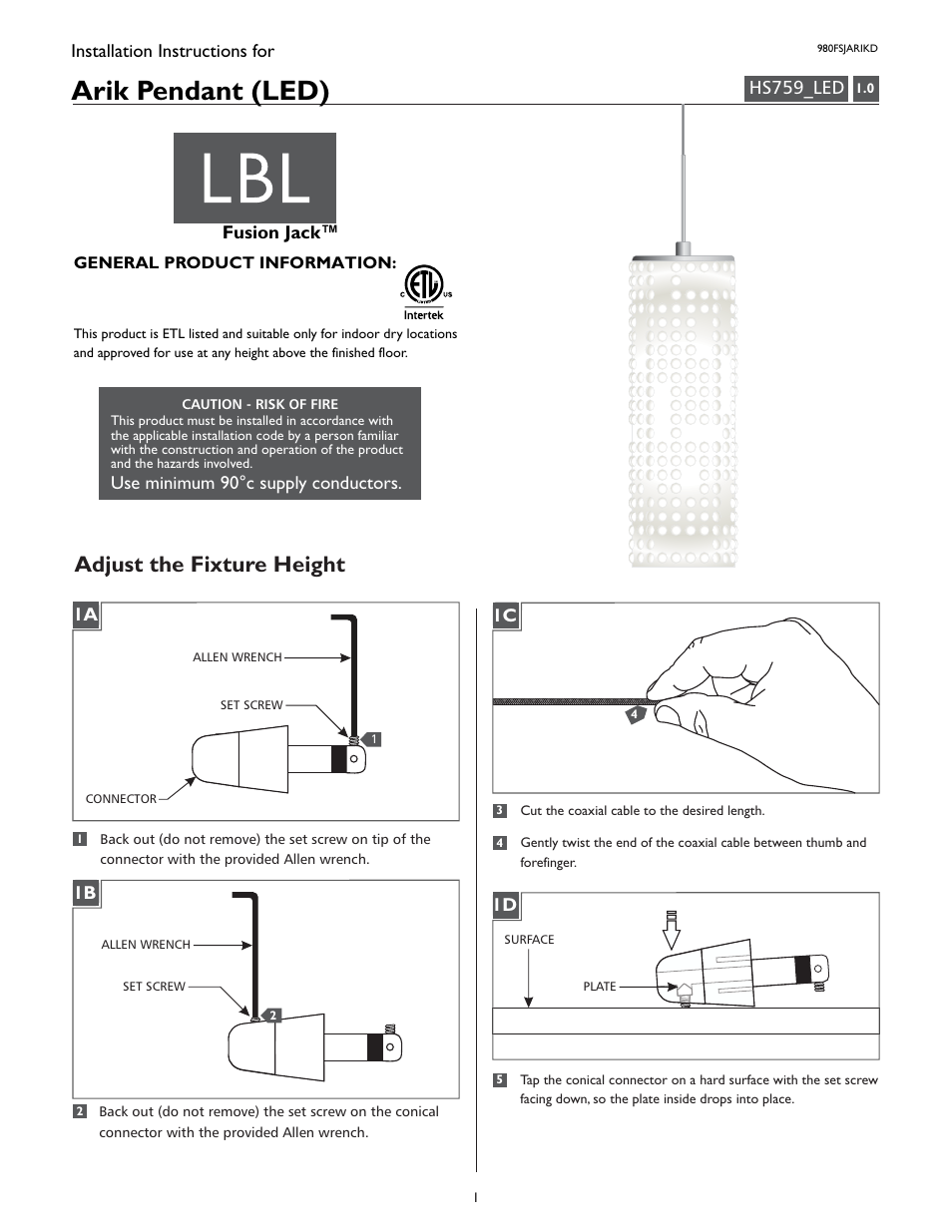 LBL Lighting Arik D User Manual | 4 pages