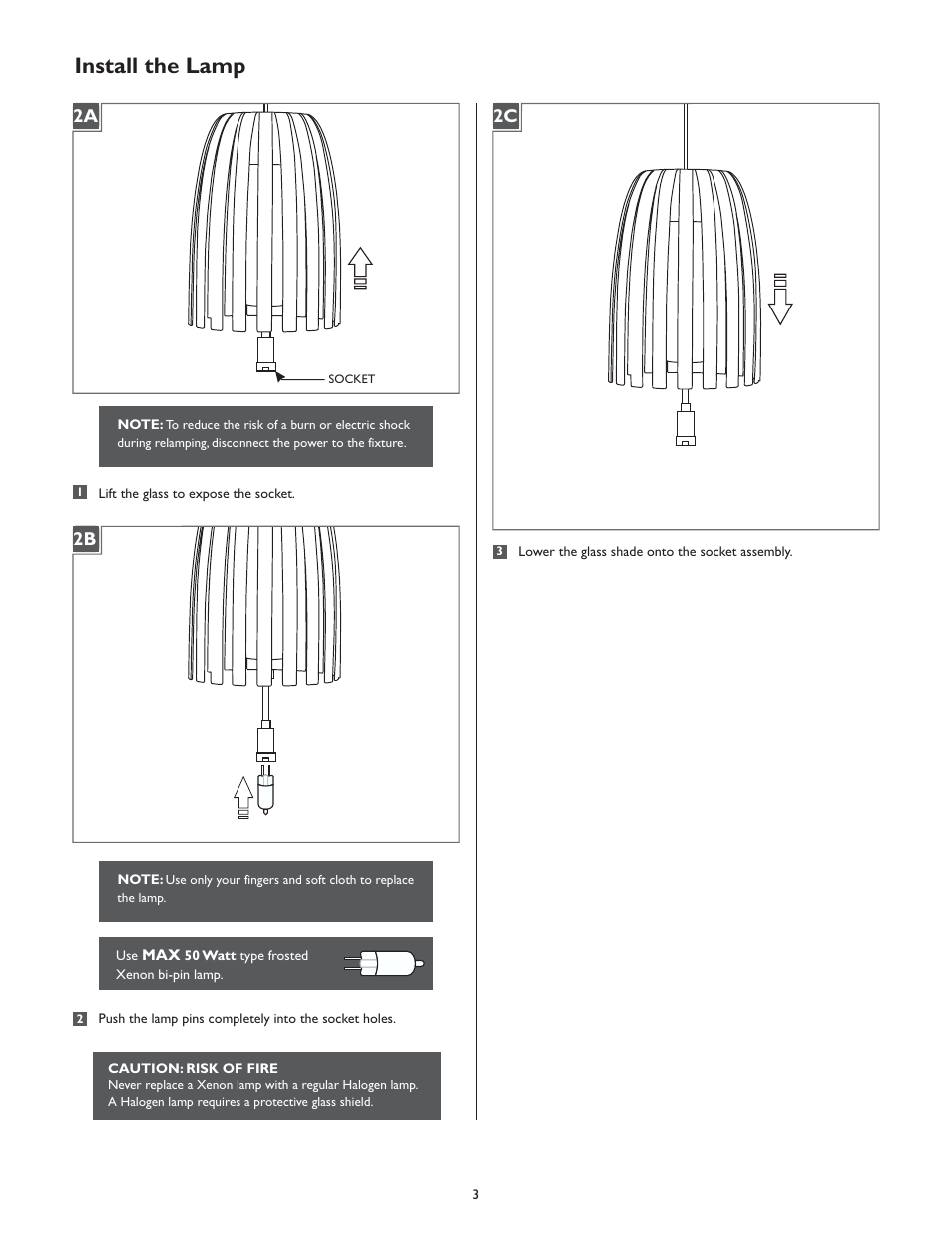 Install the lamp, 2a 2b 2c | LBL Lighting Mini-Olivia User Manual | Page 3 / 4