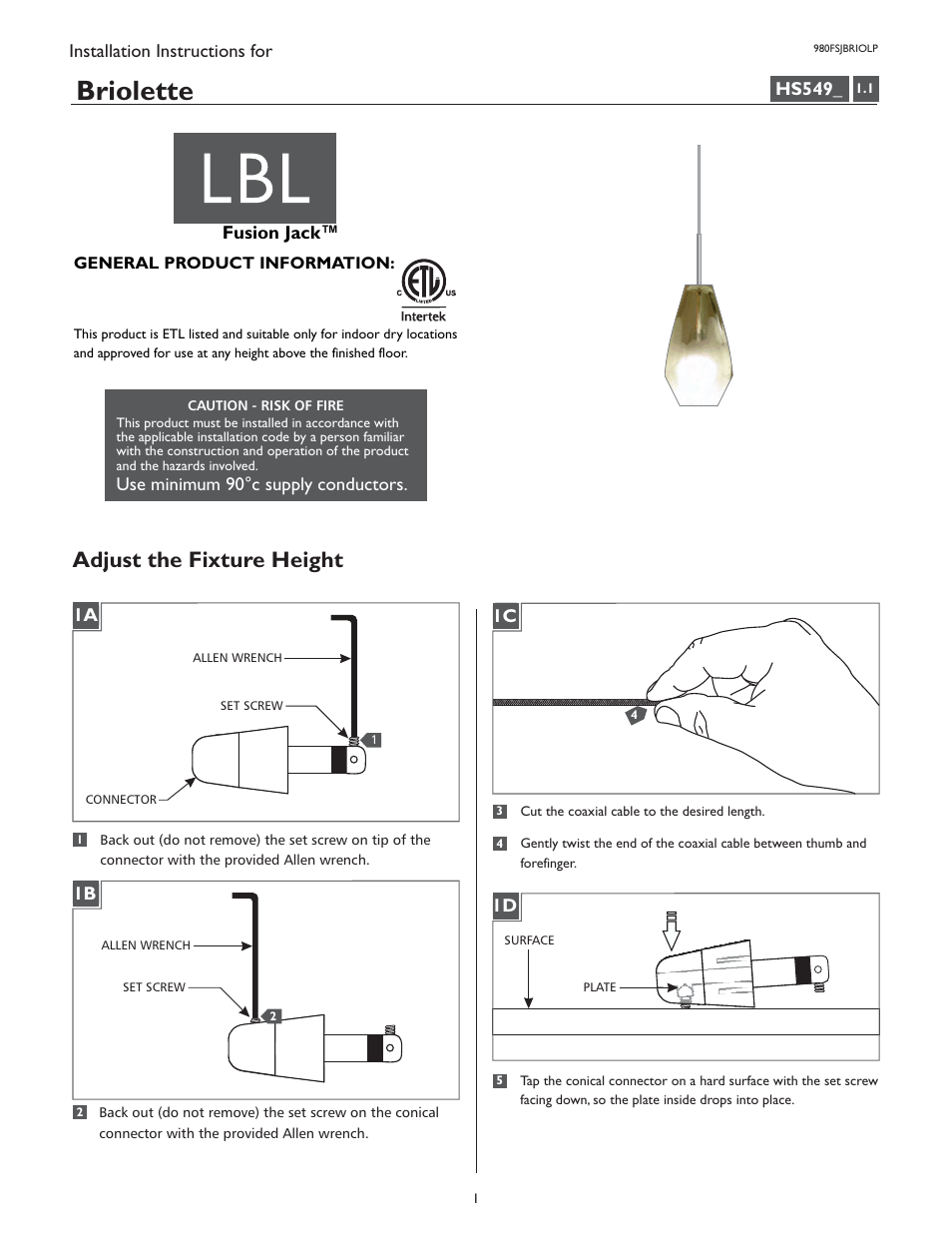 LBL Lighting Briolette User Manual | 4 pages