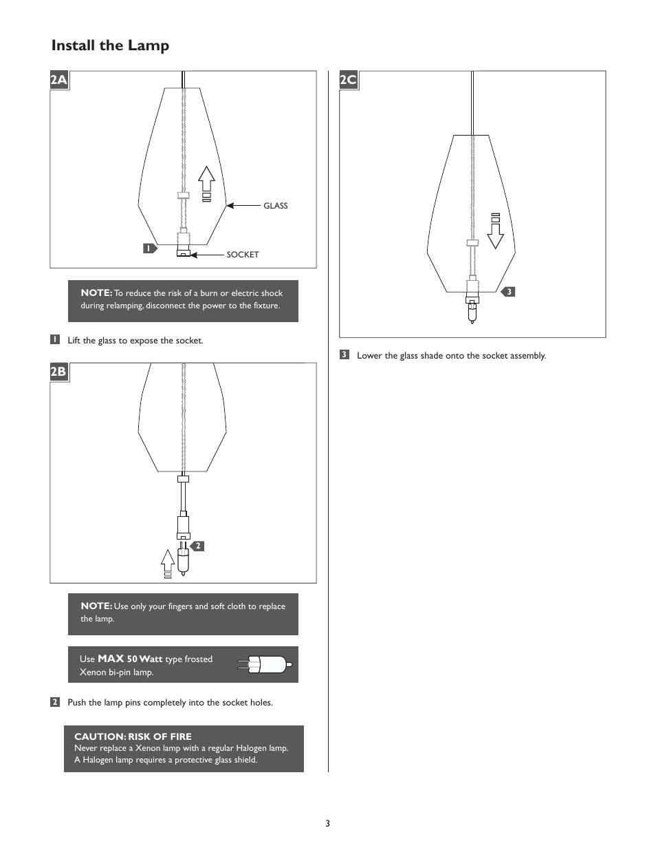 Install the lamp, 2a 2c 2b | LBL Lighting Briolette User Manual | Page 3 / 4