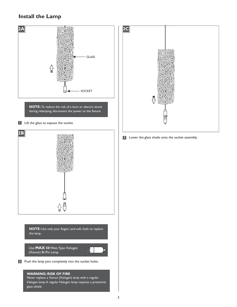 Install the lamp, 2a 2b 2c | LBL Lighting Mini-Isis Cylinder User Manual | Page 3 / 4