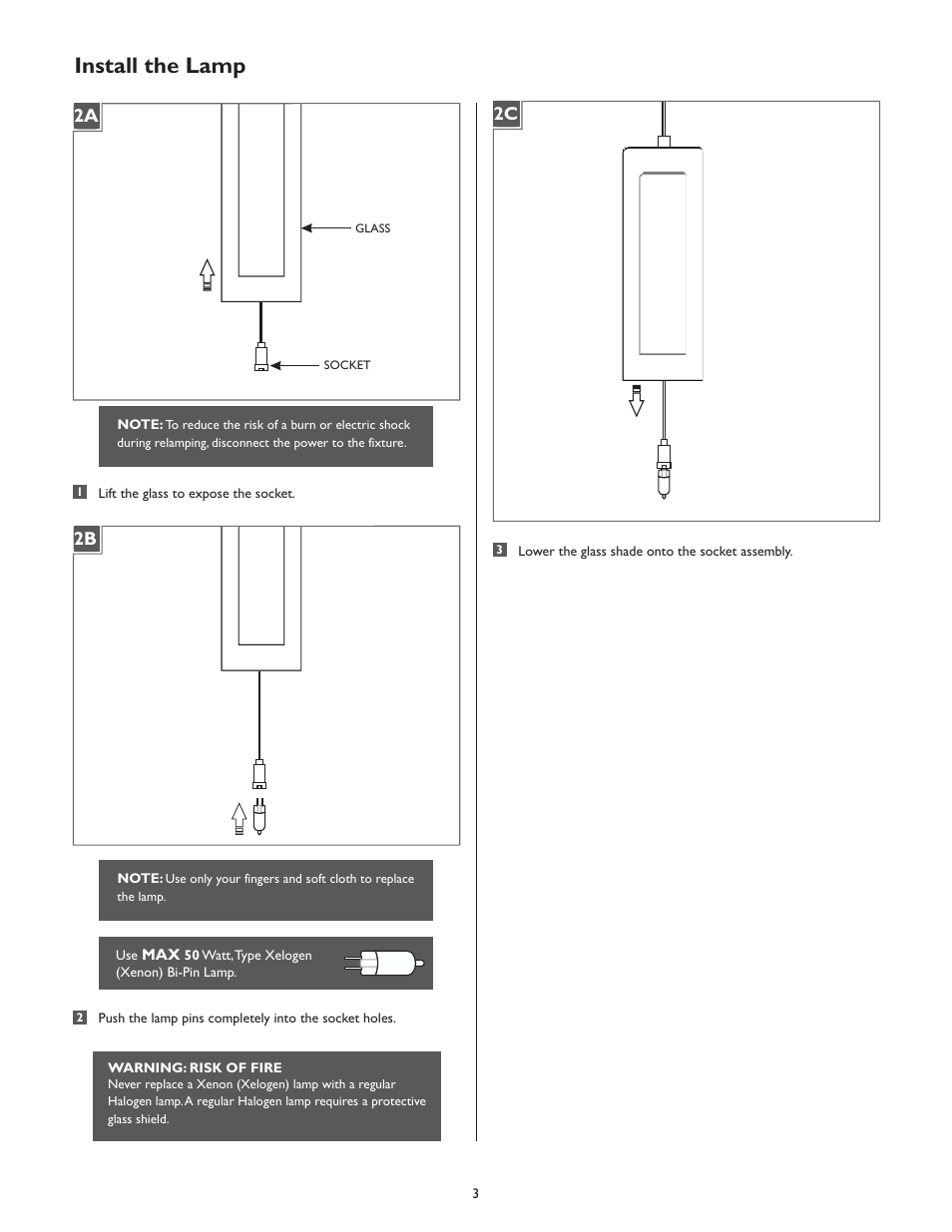 Install the lamp, 2a 2c 2b | LBL Lighting Mini-Rock Candy Round User Manual | Page 3 / 4