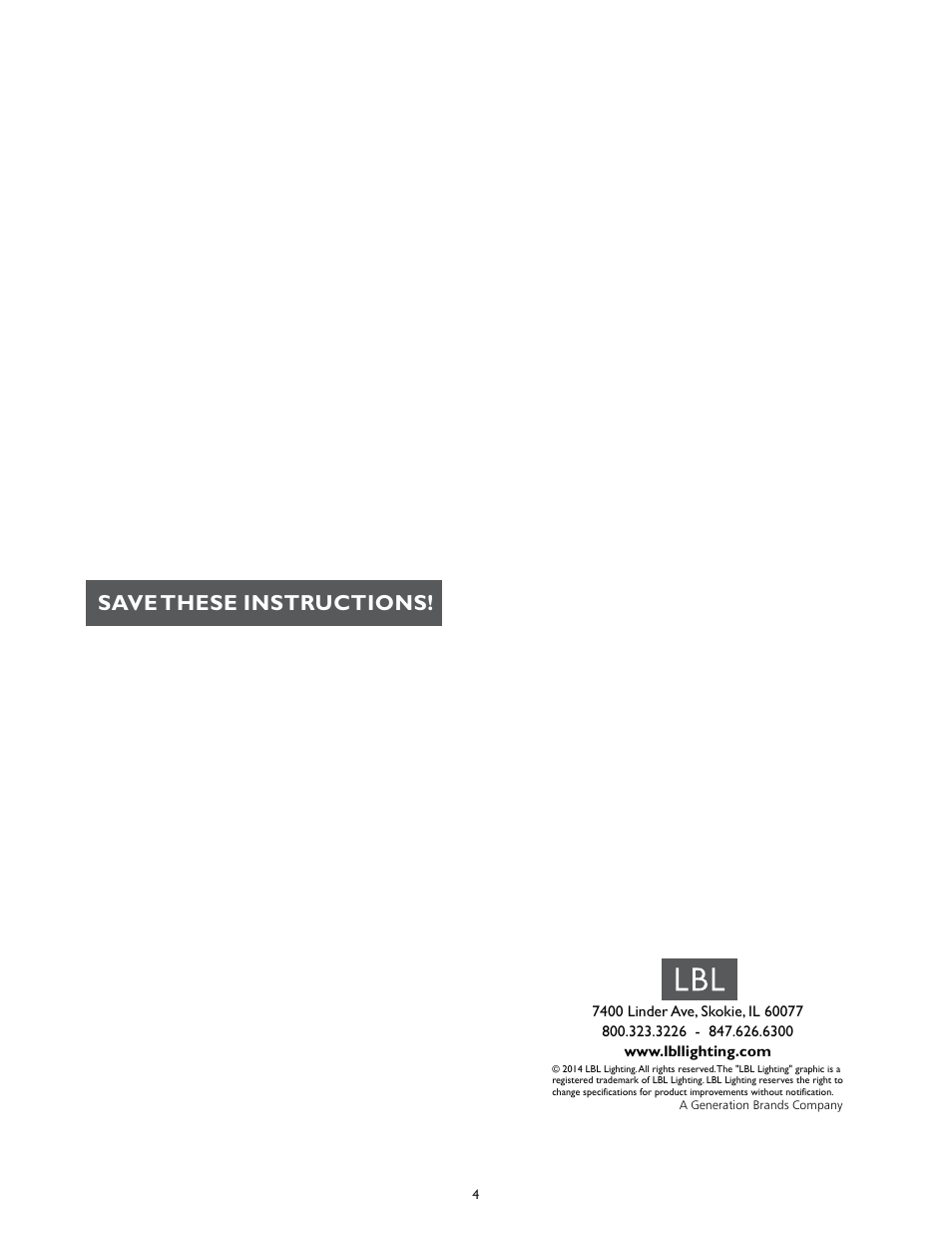 Save these instructions | LBL Lighting Lilah User Manual | Page 4 / 4