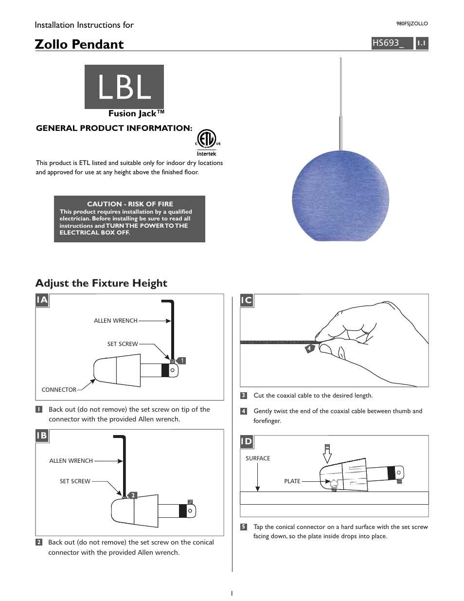 LBL Lighting Zollo User Manual | 4 pages