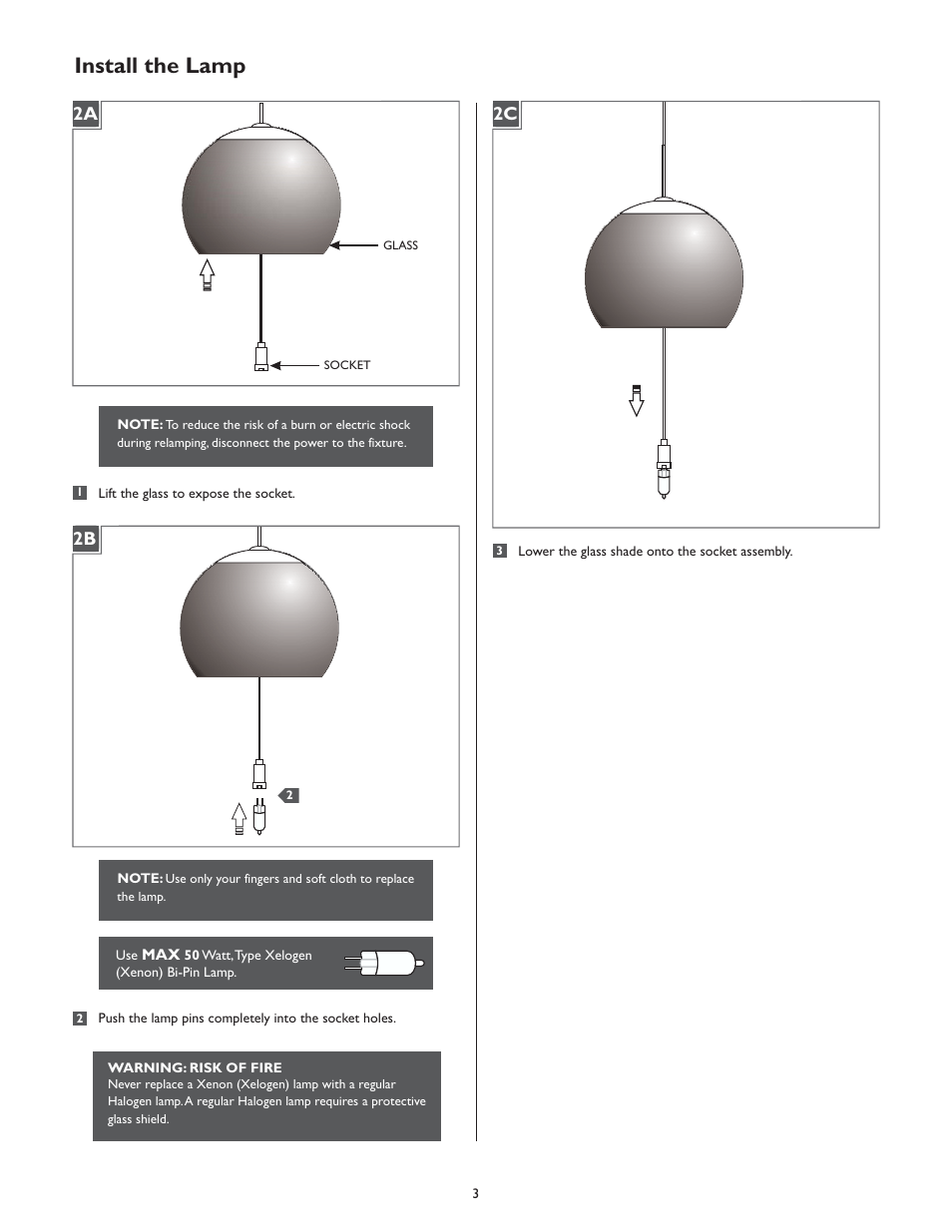 Install the lamp, 2a 2b 2c | LBL Lighting Mini-Rock Candy Round P User Manual | Page 3 / 4