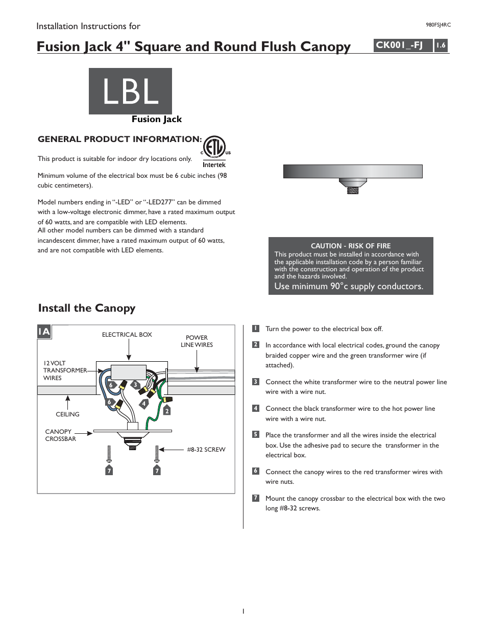 LBL Lighting Fusion Jack Canopy 4" Round Flush LED User Manual | 2 pages