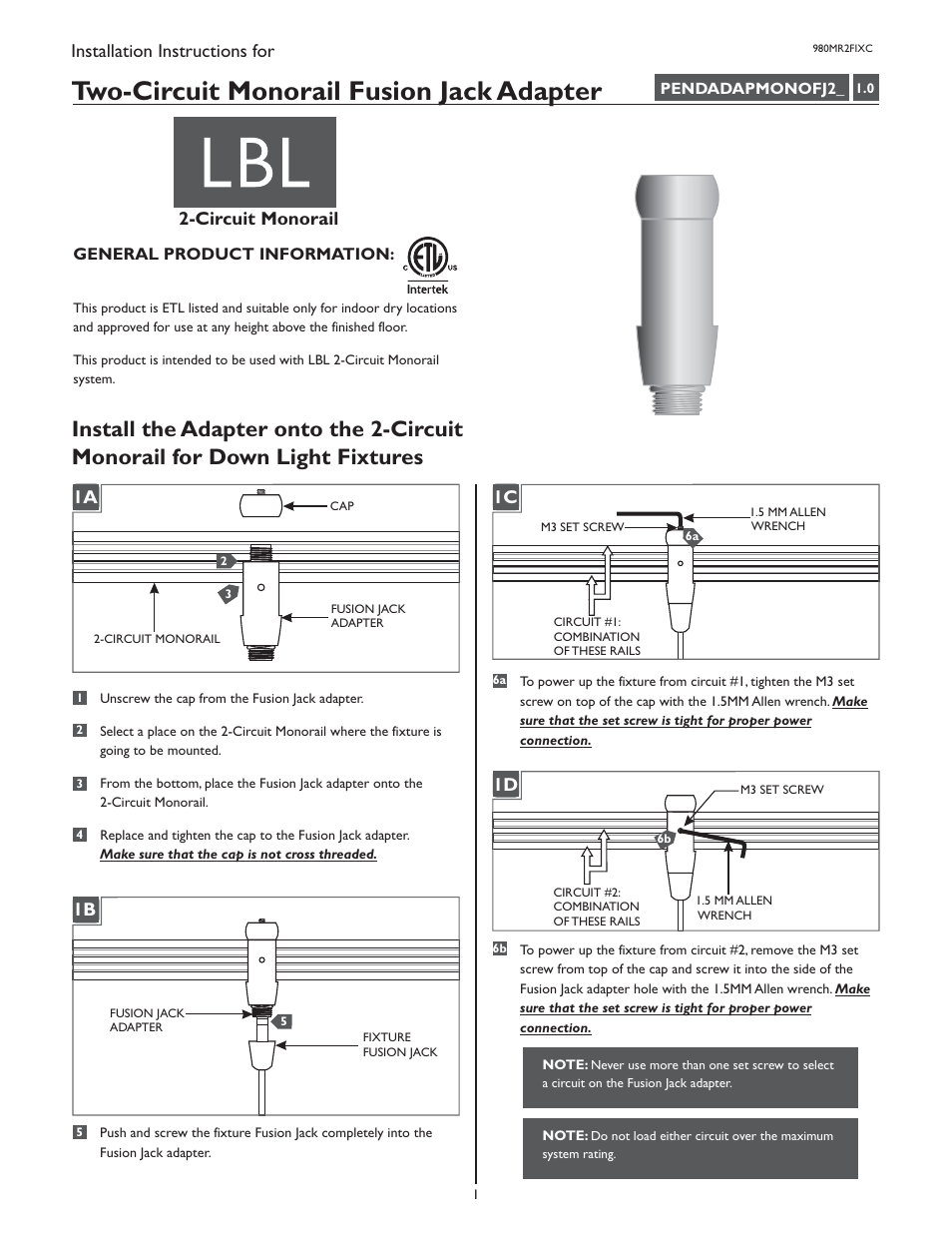 LBL Lighting 2-Circuit MO Element Adapter User Manual | 2 pages