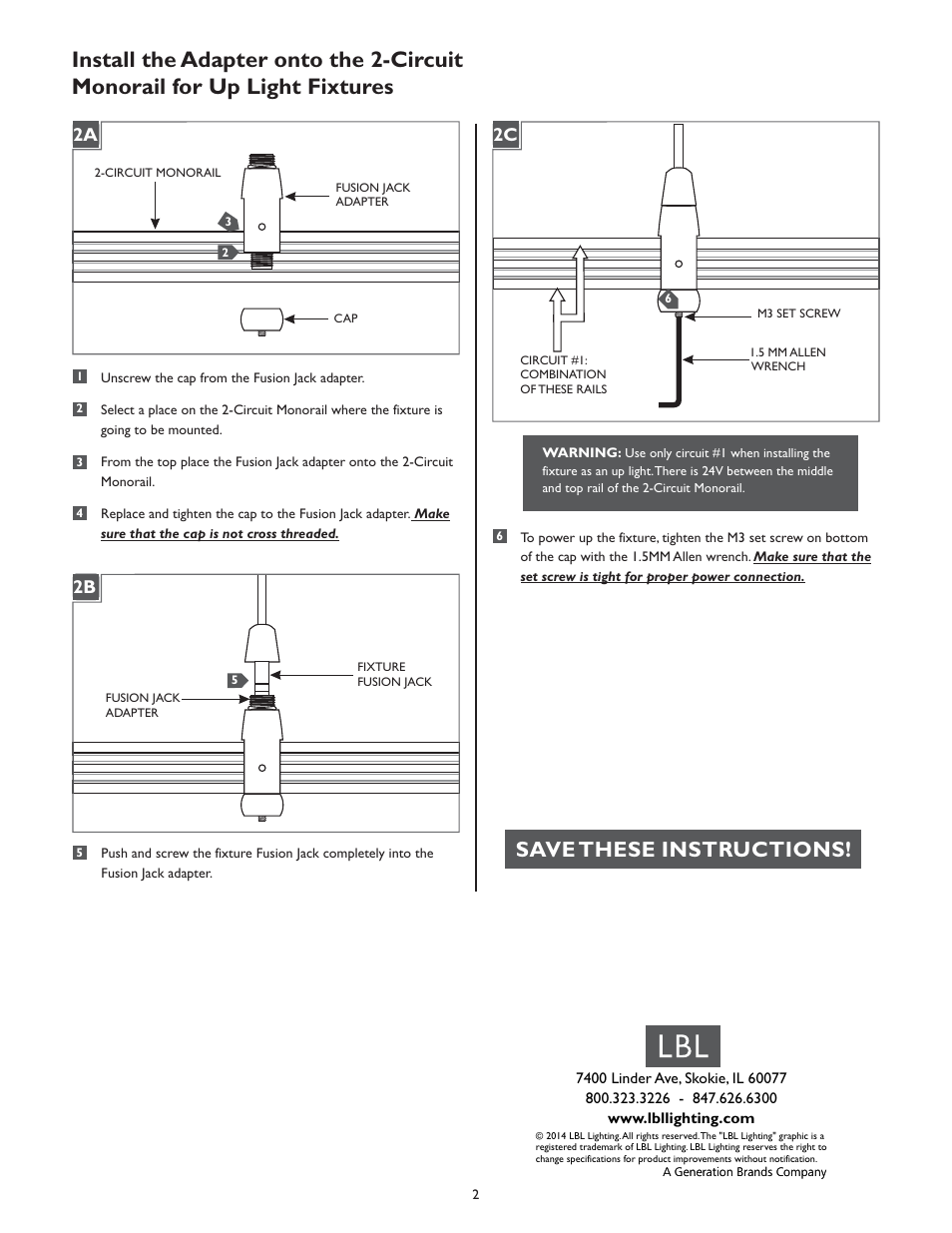 Save these instructions, 1a 2b, 1a 2c | LBL Lighting 2-Circuit MO Element Adapter User Manual | Page 2 / 2