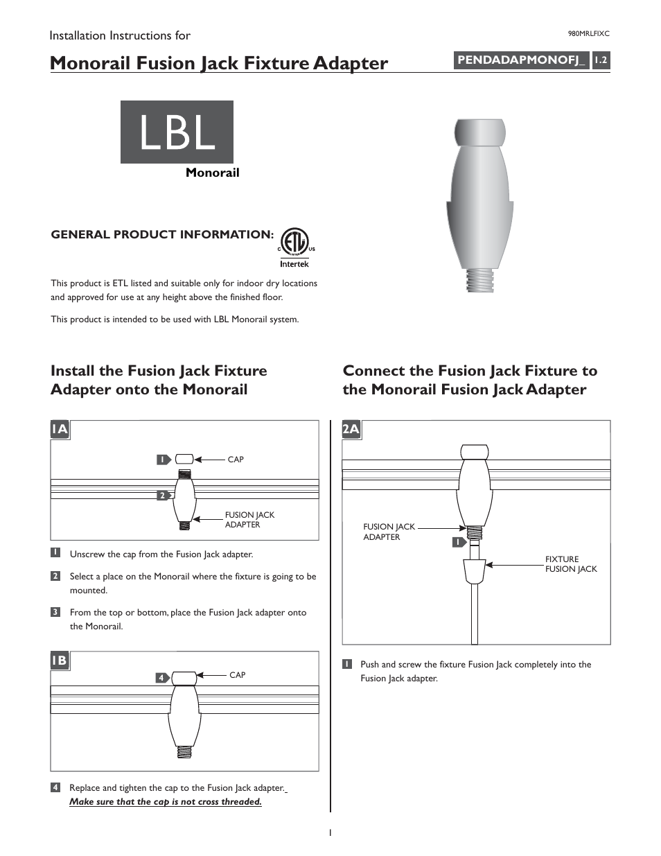 LBL Lighting Monorial fusion Jack Fixture Adapter User Manual | 2 pages