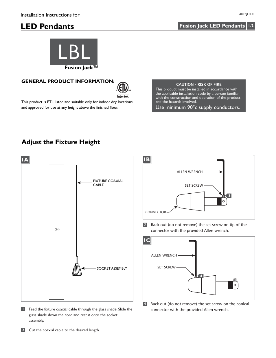 LBL Lighting LED Pendants User Manual | 4 pages