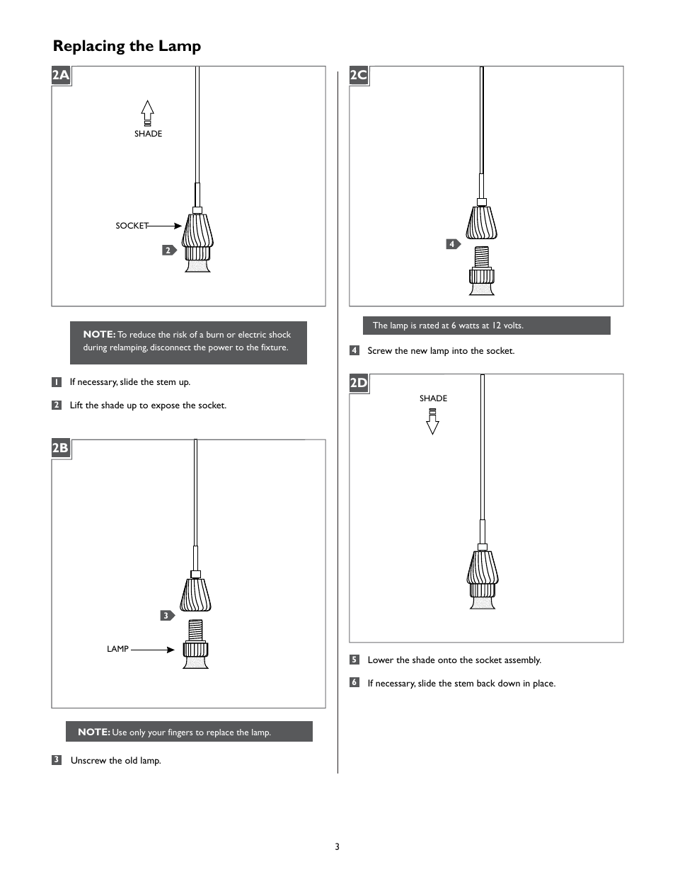 Replacing the lamp, 2a 2c 2b 2d | LBL Lighting LED Pendants User Manual | Page 3 / 4