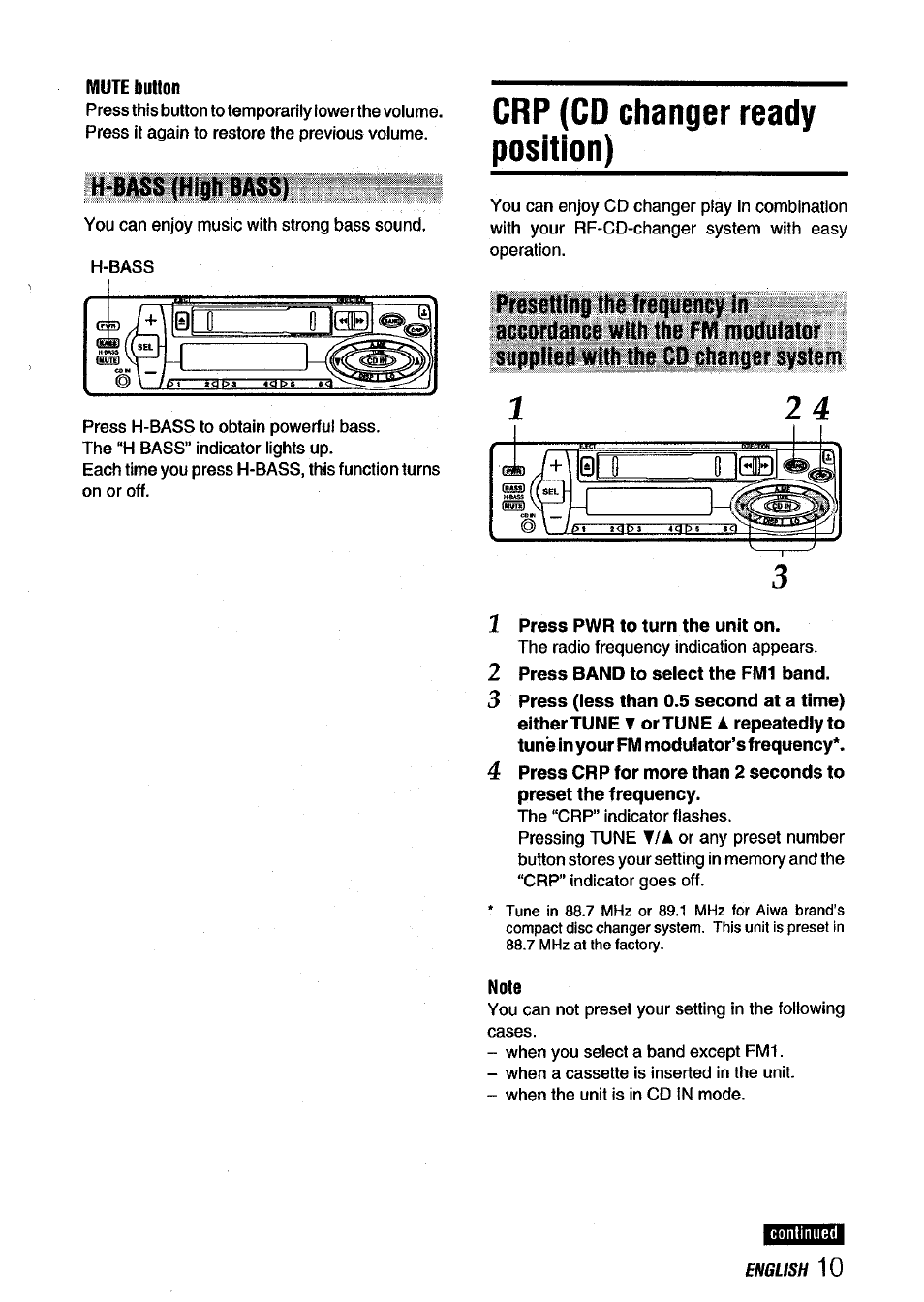 H-bass (high bass), Crp (cd changer ready position) | Aiwa ICT-X40B User Manual | Page 11 / 16