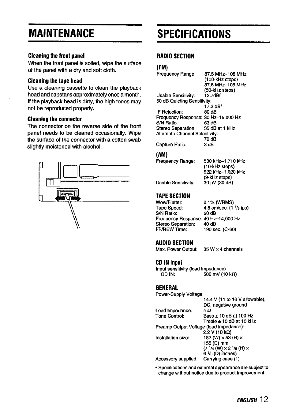 Maintenance, Specifications, Maintenance specifications | Aiwa ICT-X40B User Manual | Page 13 / 16