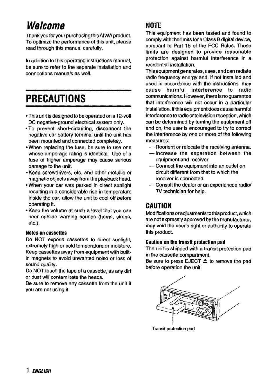 Precautions, Note, Caution | Welcome | Aiwa ICT-X40B User Manual | Page 2 / 16