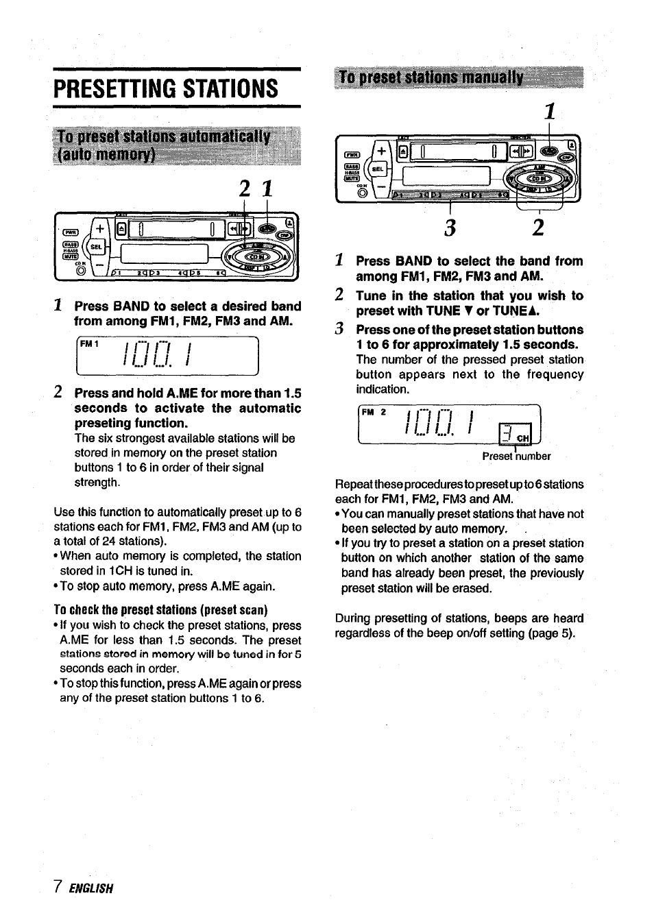 To preset stations automatically (auto memory), Presetting stations | Aiwa ICT-X40B User Manual | Page 8 / 16