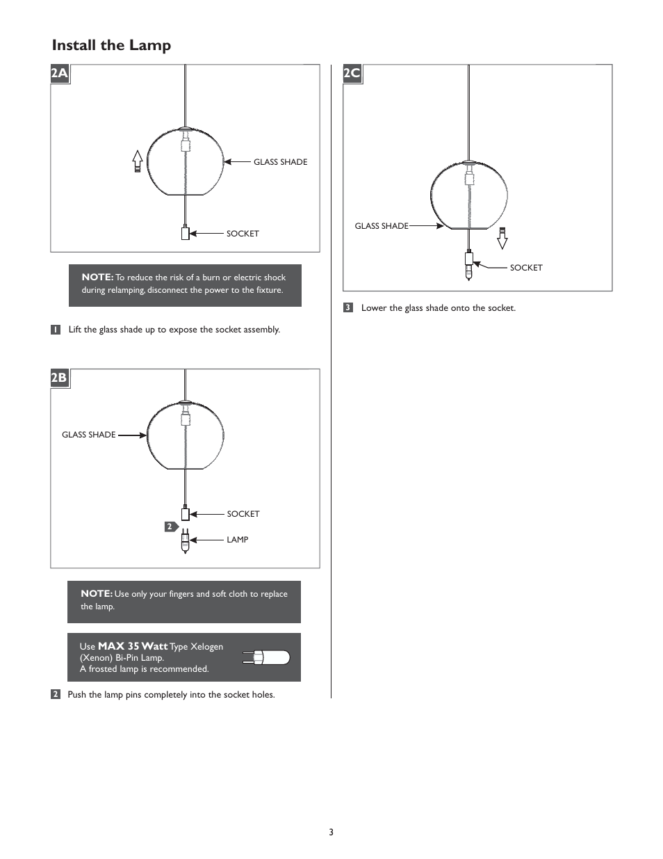 Install the lamp, 2a 2c 2b | LBL Lighting Mini-Isla P User Manual | Page 3 / 4