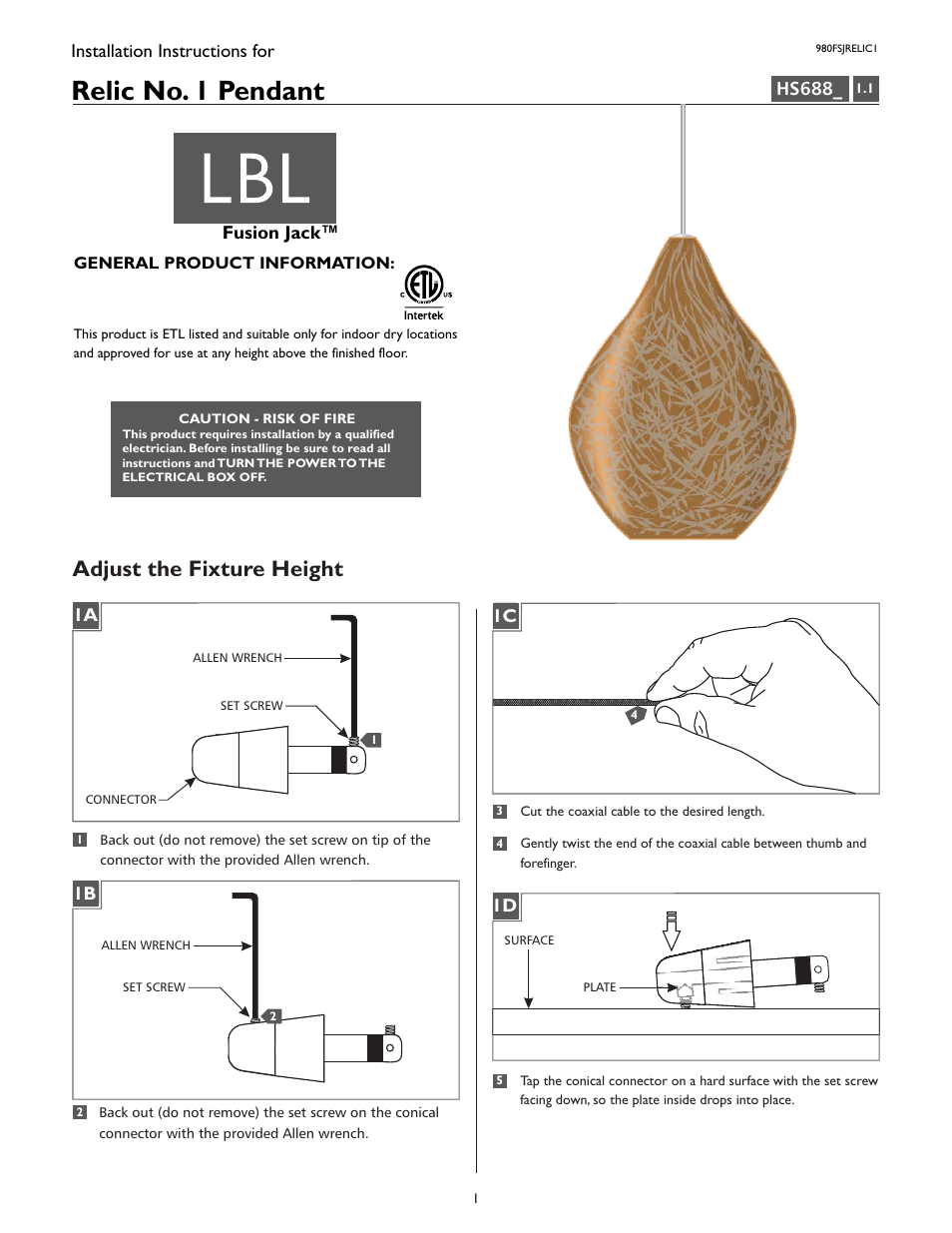 LBL Lighting Relic No. 1 User Manual | 4 pages